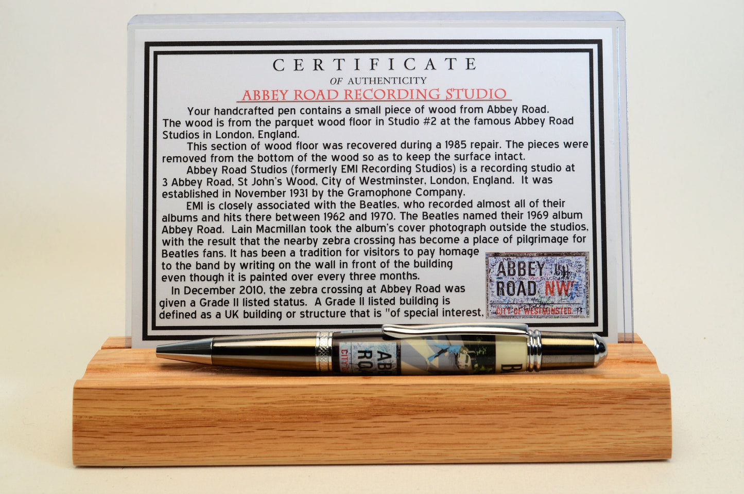 Handcrafted Pen Made with A Small Piece of Wood from Abbey Road Studios and cast in acrylic.