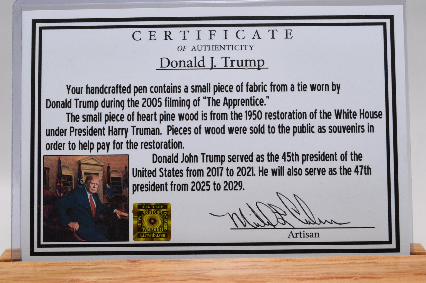 Handcrafted Pen Featuring Donald Trump Tie Fragment and White House Wood Cast in Acrylic.