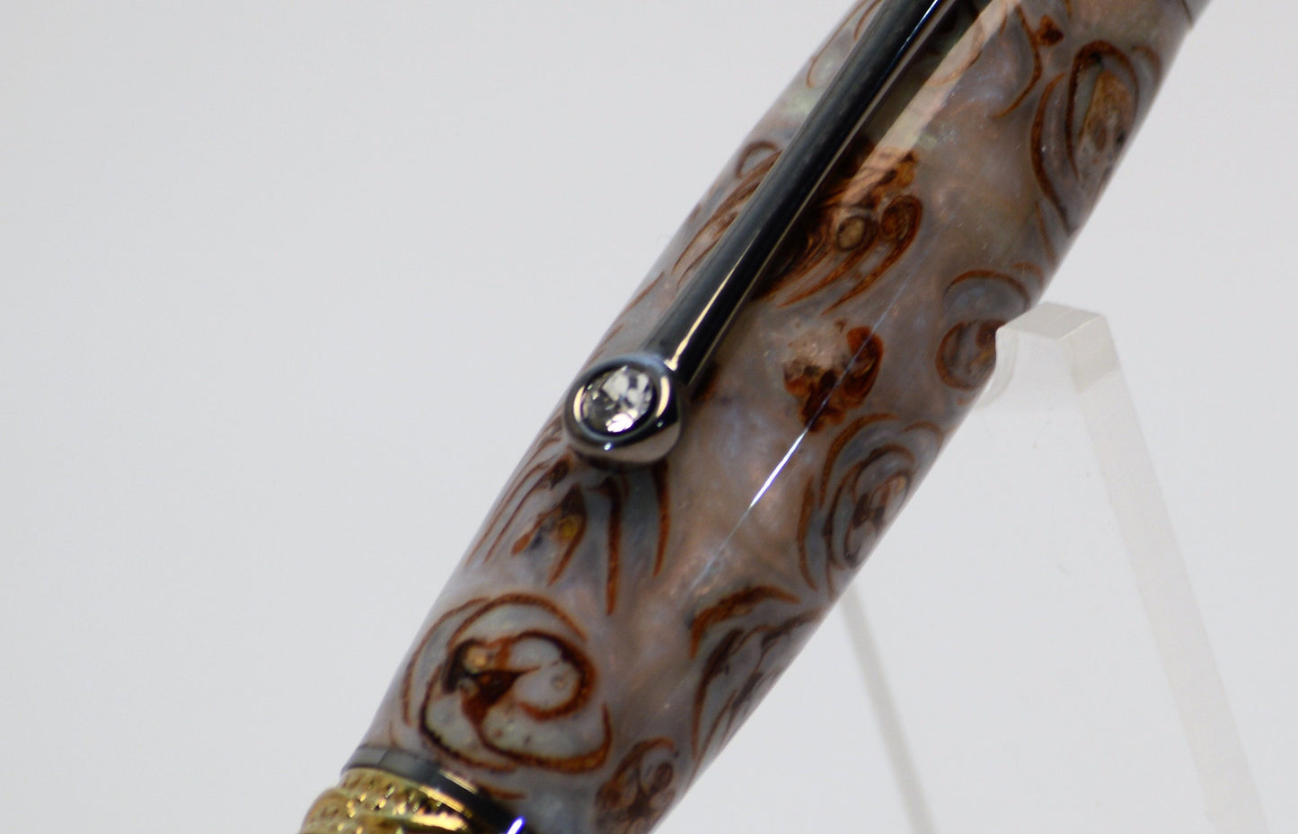 Majestic Squire Twist Pen in Gold Titanium and Black Titanium with Swarovski Crystal with Handcrafted Acrylic and Mini Pine Cone Body.