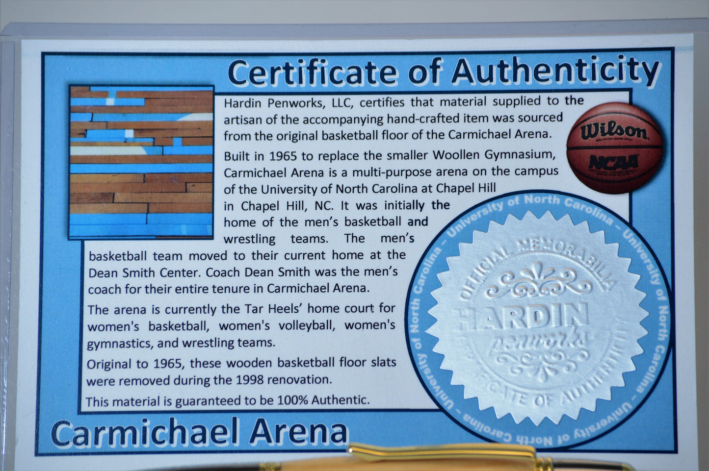 Handcrafted Pen Made From University of North Carolina Carmichael Arena Wooden Basketball Court