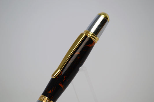 One of a Kind Classic Twist Pen in Gold Titanium and Chrome with Handcrafted Black and Orange Acrylic Body