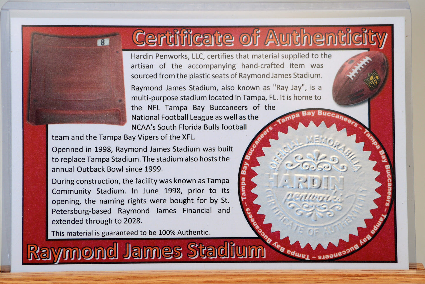 Handcrafted Pen Made From Tampa Bay Bucs Raymond James Stadium Seat