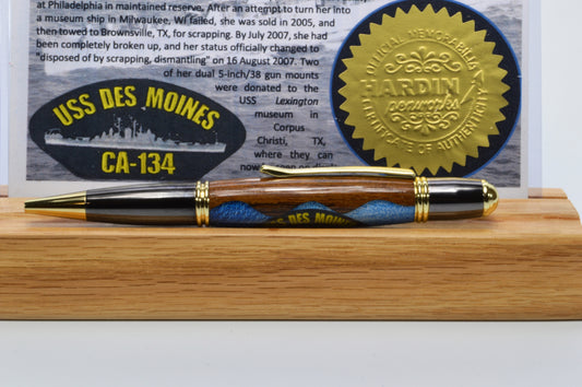 Handcrafted Pen Made with Wood From The USS Des Moines in Gold and Gunmetal Finish