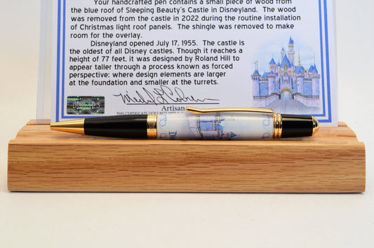Handcrafted Pen Featuring a Small Piece of Wood From Sleeping Beauty's Castle Roof cast in acrylic