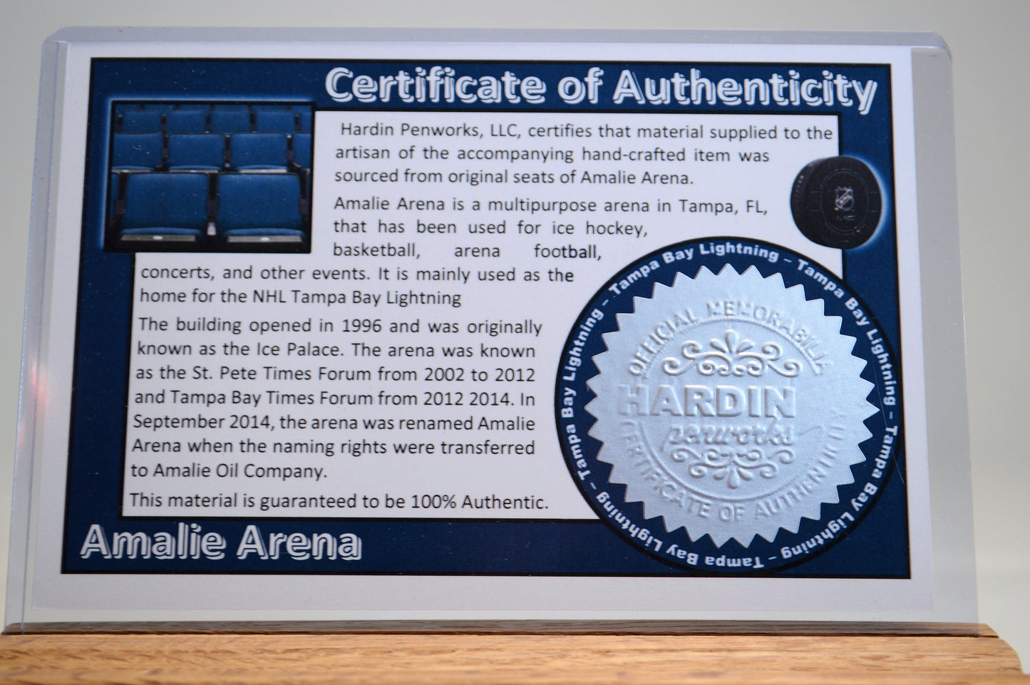 Handcrafted Pen Made From Tampa Bay Lighting's Amalie Arena Plastic Stadium Seat