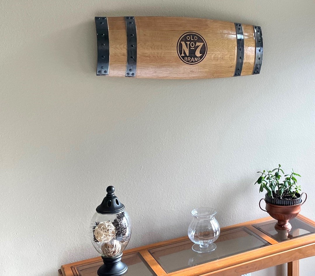 Whiskey Barrel Wall Hanging, Wall Art From A Used Oak Whiskey Barrel Assembled and Laser Engraved By Jack Daniel's Craftsmen
