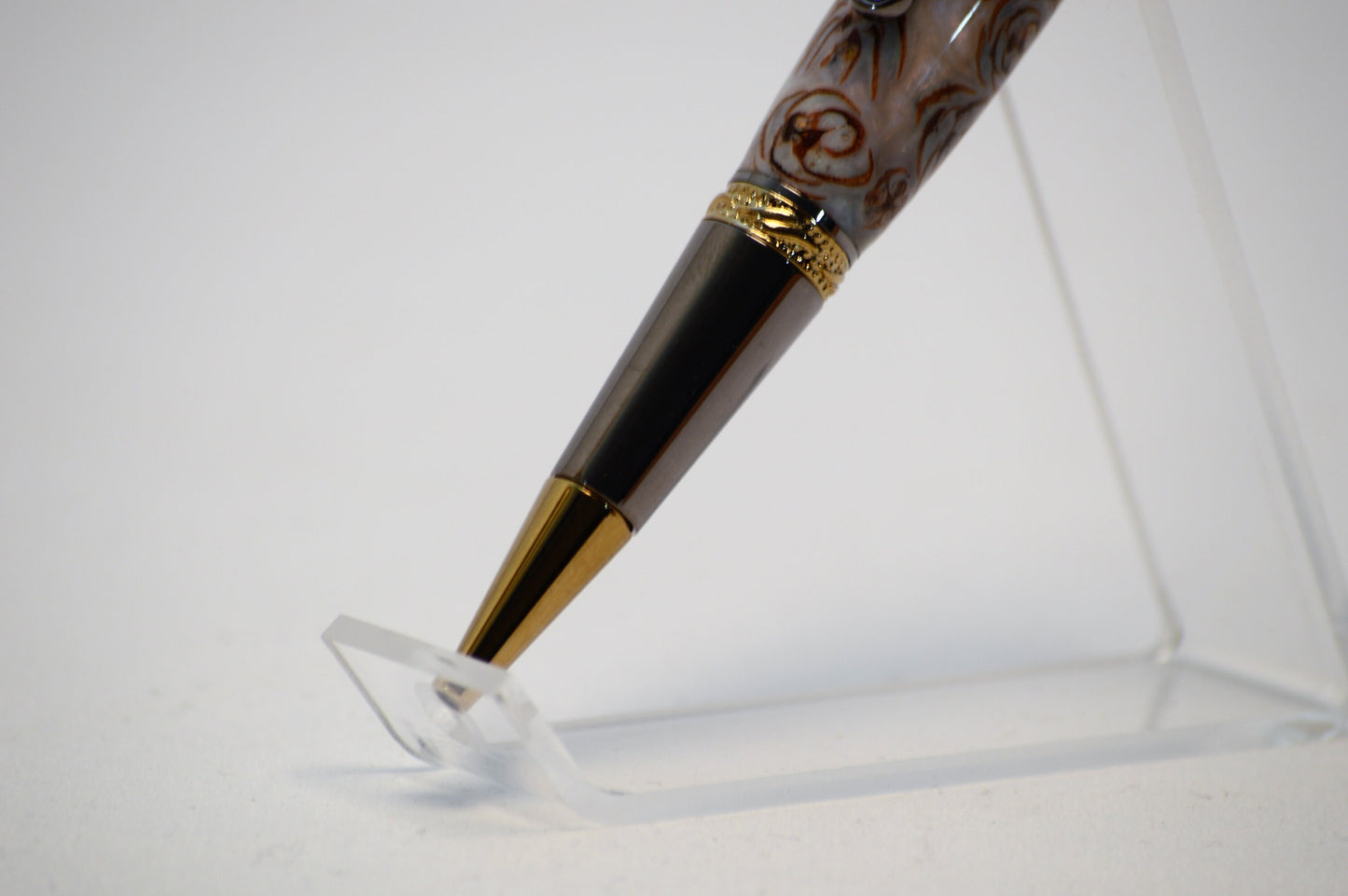 Majestic Squire Twist Pen in Gold Titanium and Black Titanium with Swarovski Crystal with Handcrafted Acrylic and Mini Pine Cone Body.