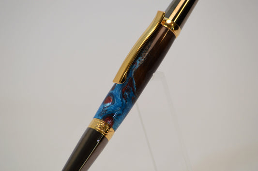 One of a Kind Elegant Twist Pen in Gold Titanium and Black Titanium with Handcrafted Acrylic and North Georgia Walnut Body.