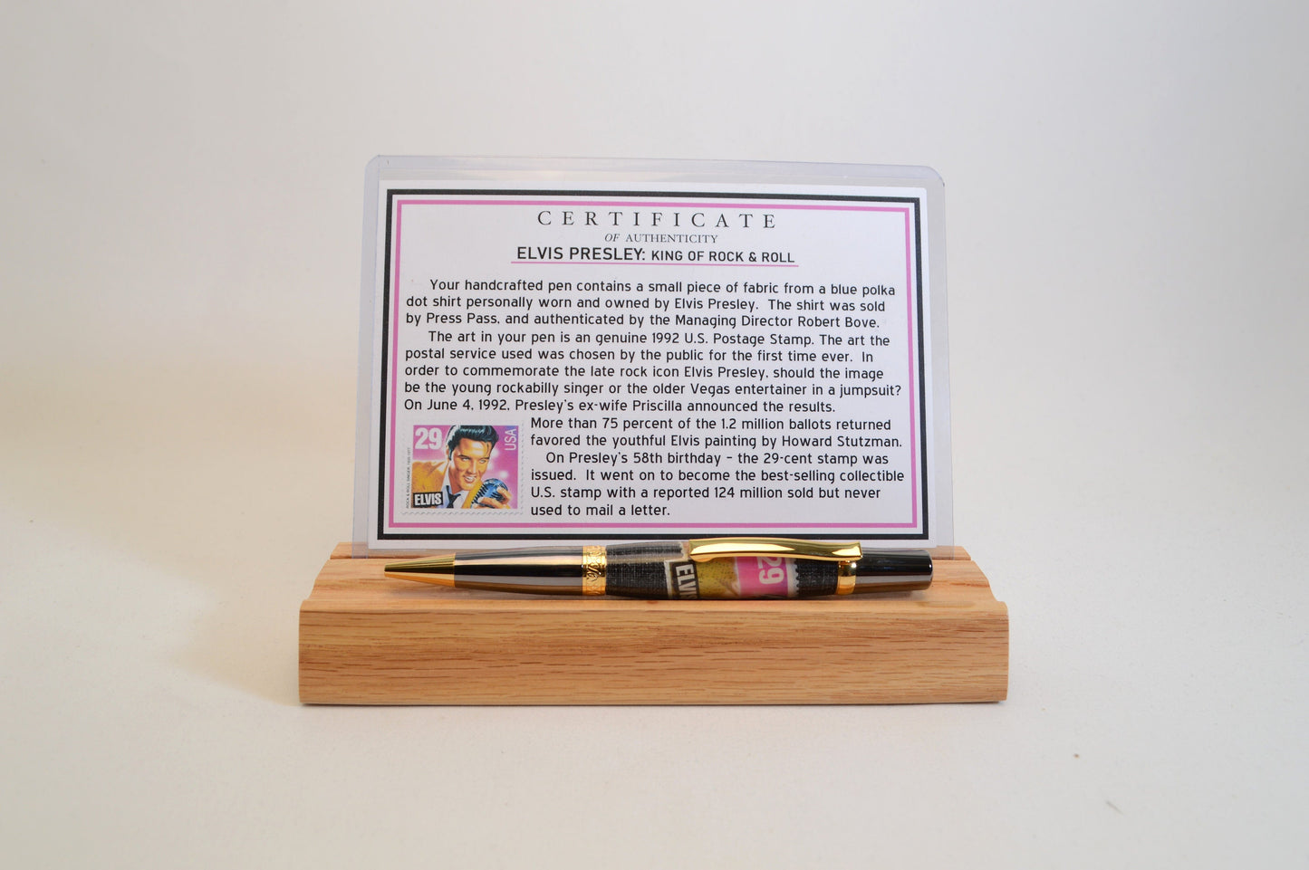Handcrafted Pen Featuring a 1992 Elvis Stamp and a Small Swatch From an Elvis Worn Shirt Embedded in Acrylic