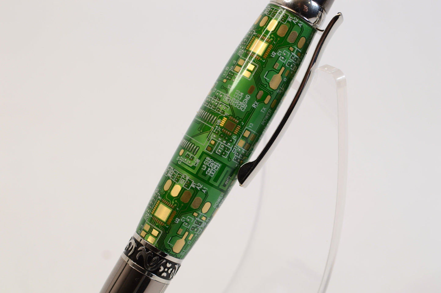 Unique Circuit Board Acrylic Twist Pen - Black Titanium and Platinum Finish, Elegant Design