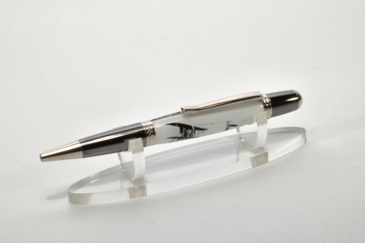 Acrylic Twist Pen Embedded with a Small Piece of Wright Brothers Vin Fiz Flyer Fabric – Platinum & Black Titanium Finish