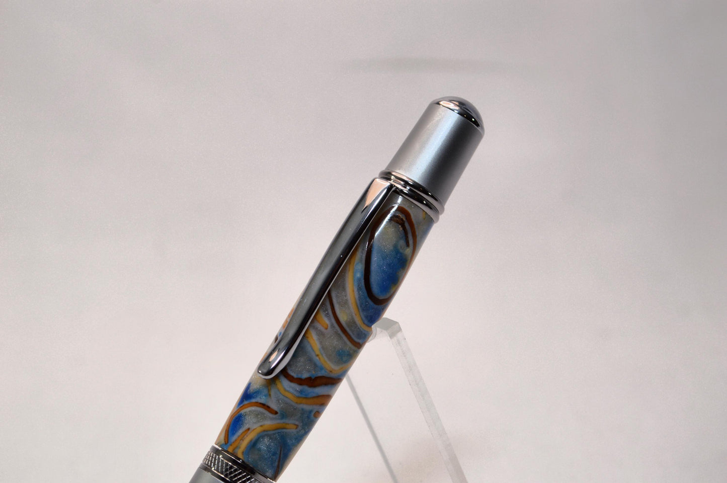 Handcrafted Twist Pen with Pistachio Shell Cast in Acrylic in Chrome and Satin Chrome