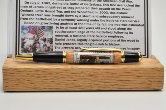 Handcrafted Gettysburg Twist Pen Made With a General Grant U.S. Stamp and Witness Wood in Gold and Black Chrome Finish