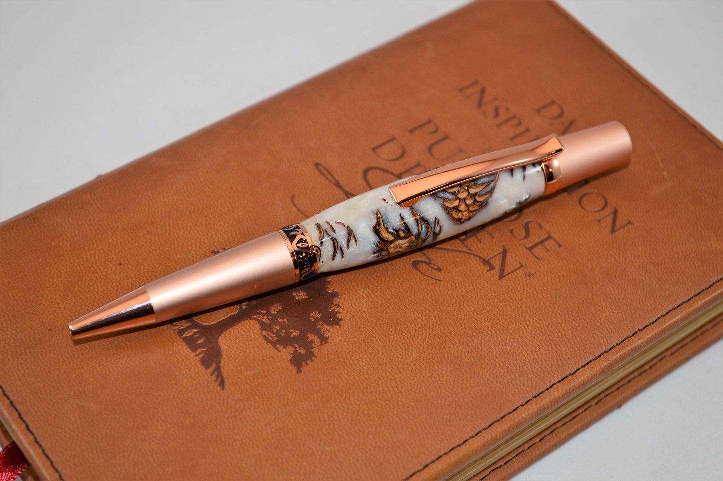 Unique Classic Twist Pen in Two Tone Copper with Handcrafted Acrylic and Mini Pine Cone Body.