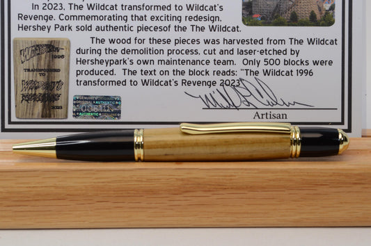 Handcrafted Pen Made with Wildcat Roller Coaster Wood Recycled from Hershey Park Thrilling Attraction
