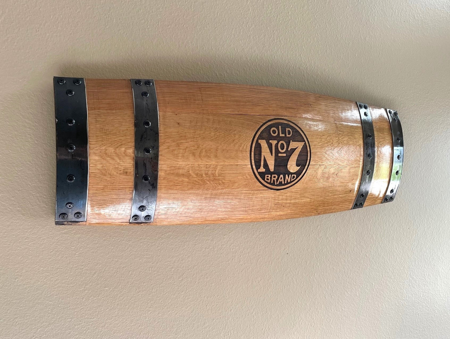 Whiskey Barrel Wall Hanging, Wall Art From A Used Oak Whiskey Barrel Assembled and Laser Engraved By Jack Daniel's Craftsmen
