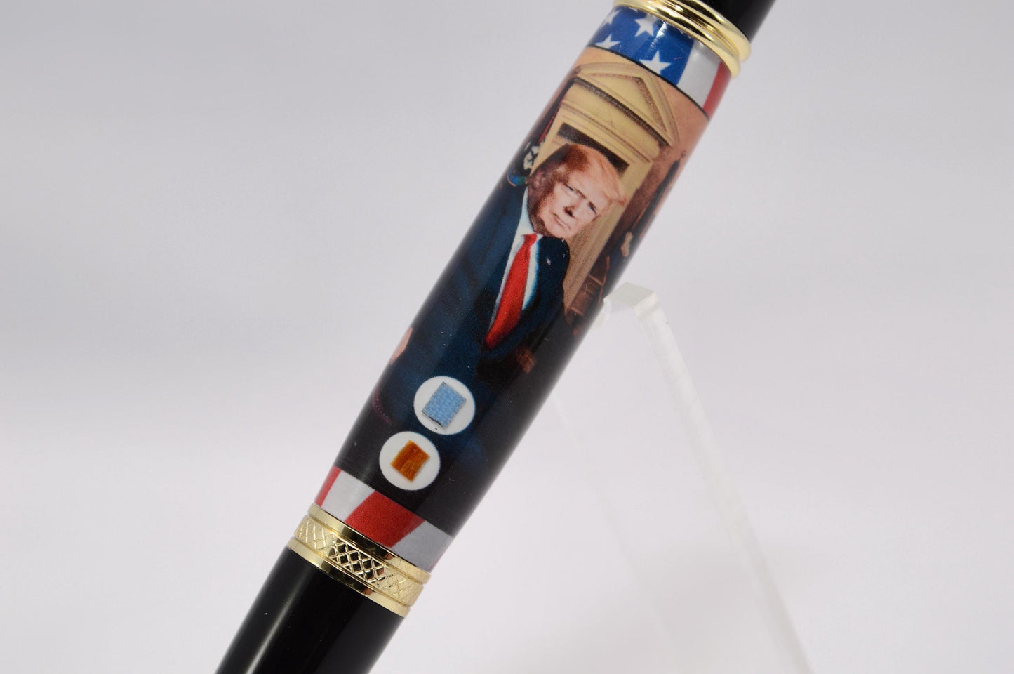 Handcrafted Pen Featuring Donald Trump Tie Fragment and White House Wood Cast in Acrylic.