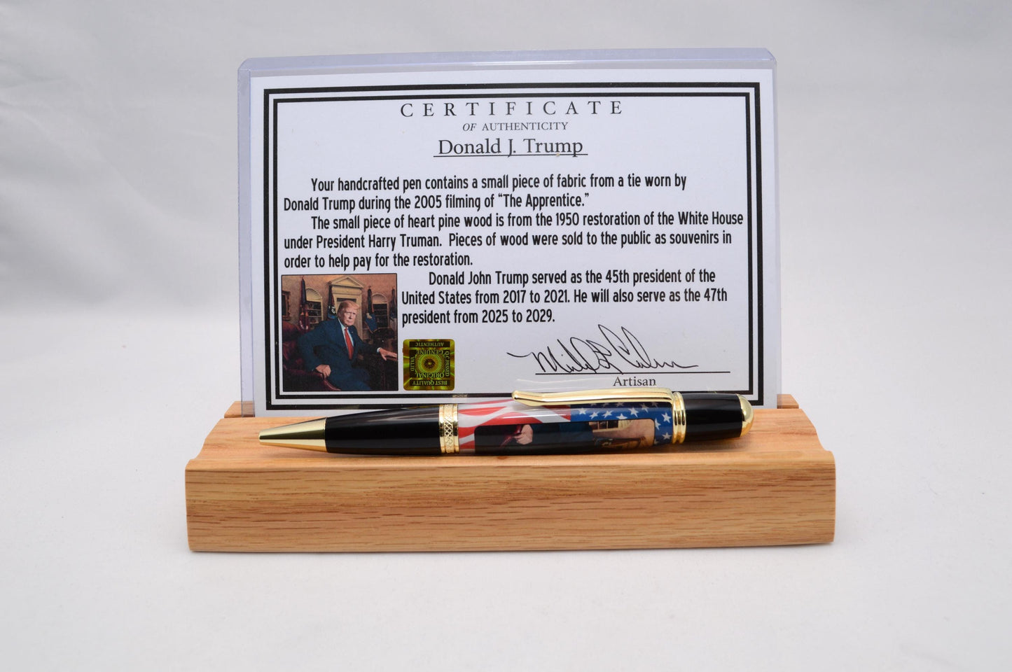 Handcrafted Pen Featuring Donald Trump Tie Fragment and White House Wood Cast in Acrylic.