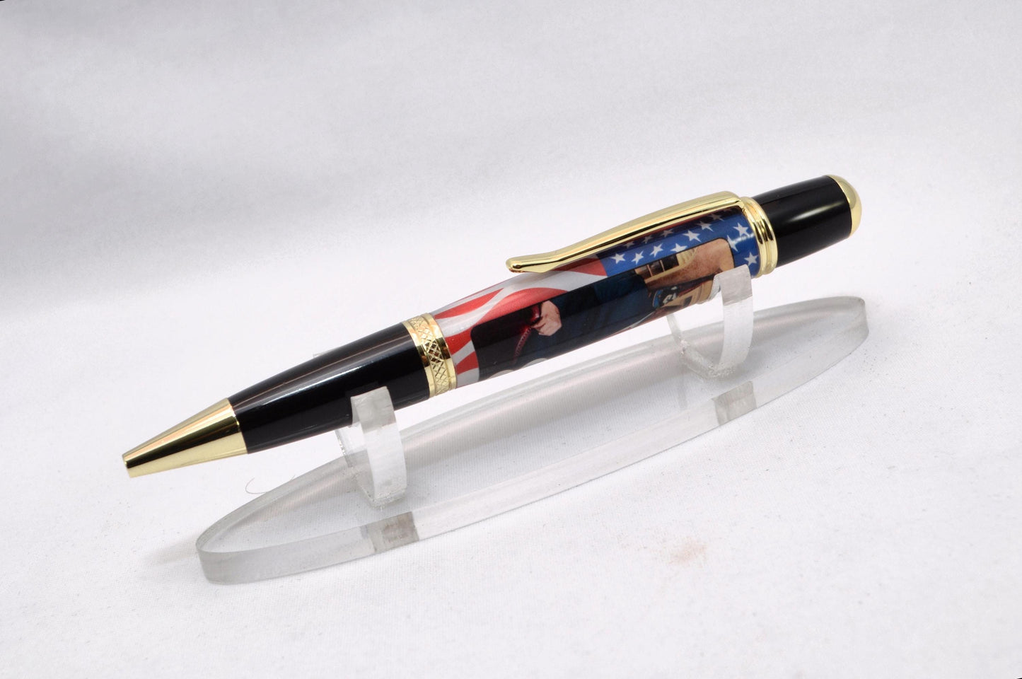 Handcrafted Pen Featuring Donald Trump Tie Fragment and White House Wood Cast in Acrylic.