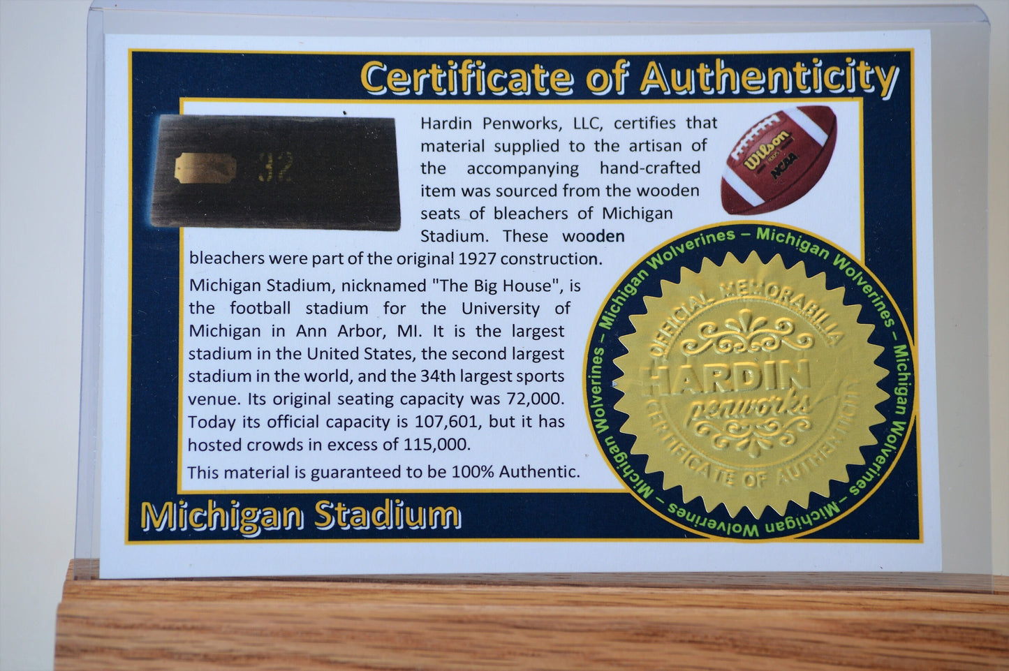 Handcrafted Pen Made From University of MIchigan MIchigan Stadium Wooden Stadium Bleachers