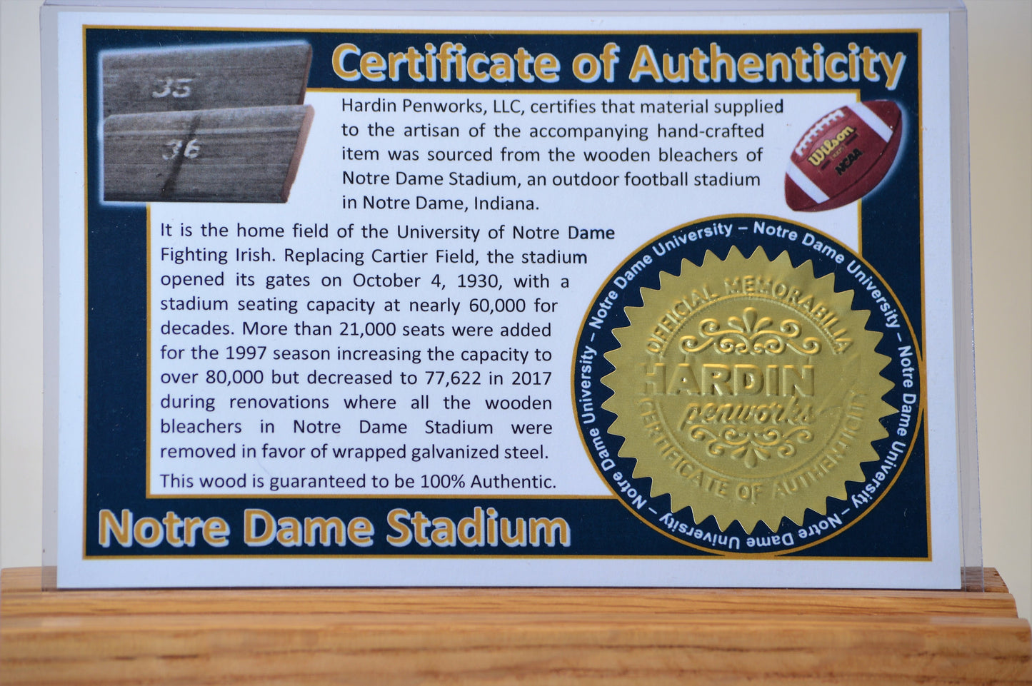 Handcrafted Pen Made From Notre Dame Stadium Wooden Stadium Bleacher