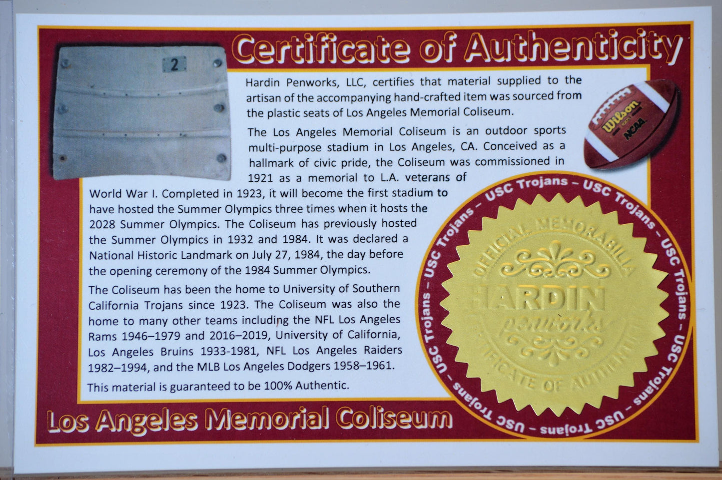 Handcrafted Pen Made From The Plastic Seats of LA Coliseum - USC