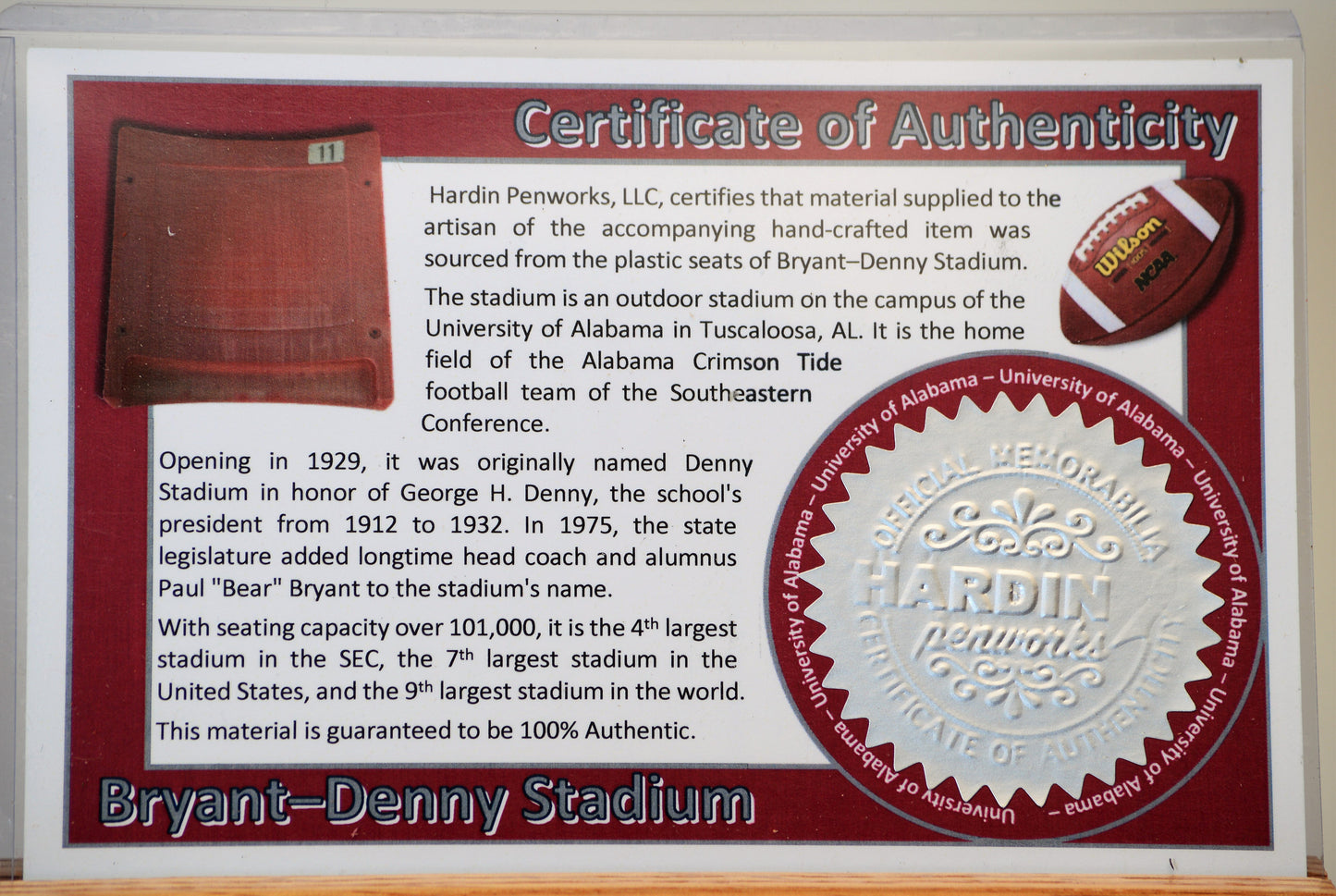 Handcrafted Pen Made From University of Alabama Bryant-Denny Stadium Seat