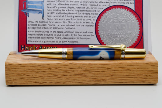 Authentic Hank Aaron Signature Pen Made With A Game Used Jersey Swatch & Fulton County Stadium Seat Wood