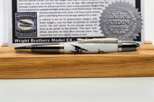 Acrylic Twist Pen Embedded with a Small Piece of Wright Brothers Vin Fiz Flyer Fabric – Platinum & Black Titanium Finish