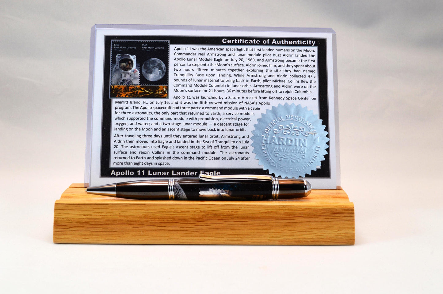 Handcrafted Pen Made With Embedded Piece of Foil From Lunar Lander and US Postage Stamp