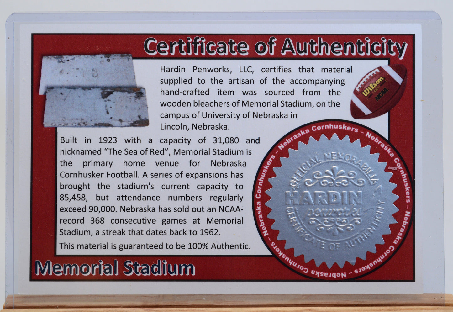 Handcrafted Pen Made From University of Nebraska Memorial Stadium Wooden Stadium Bleachers