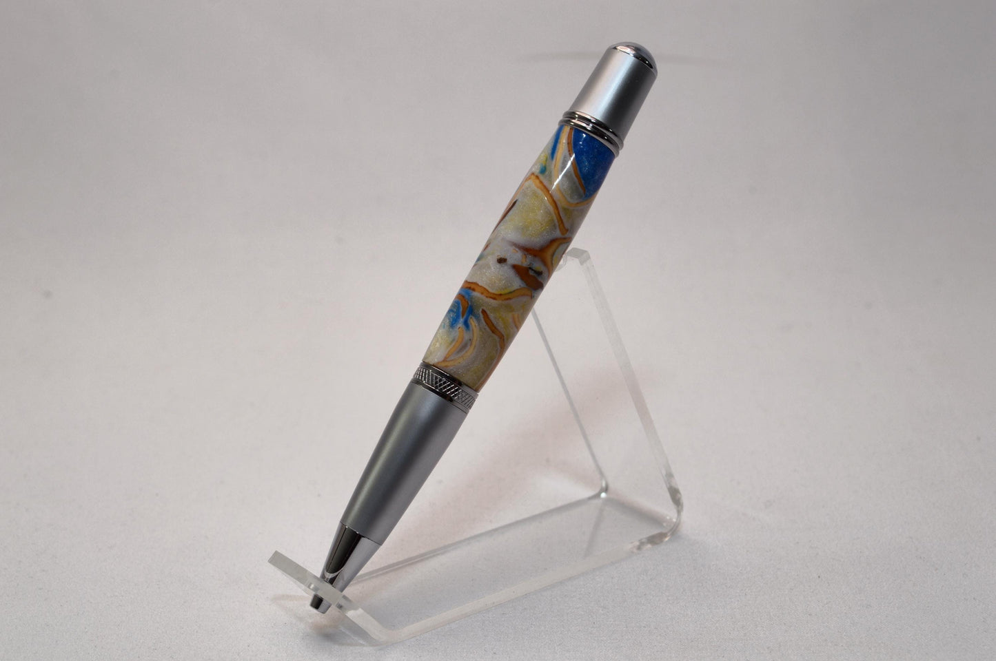 Handcrafted Twist Pen with Pistachio Shell Cast in Acrylic in Chrome and Satin Chrome