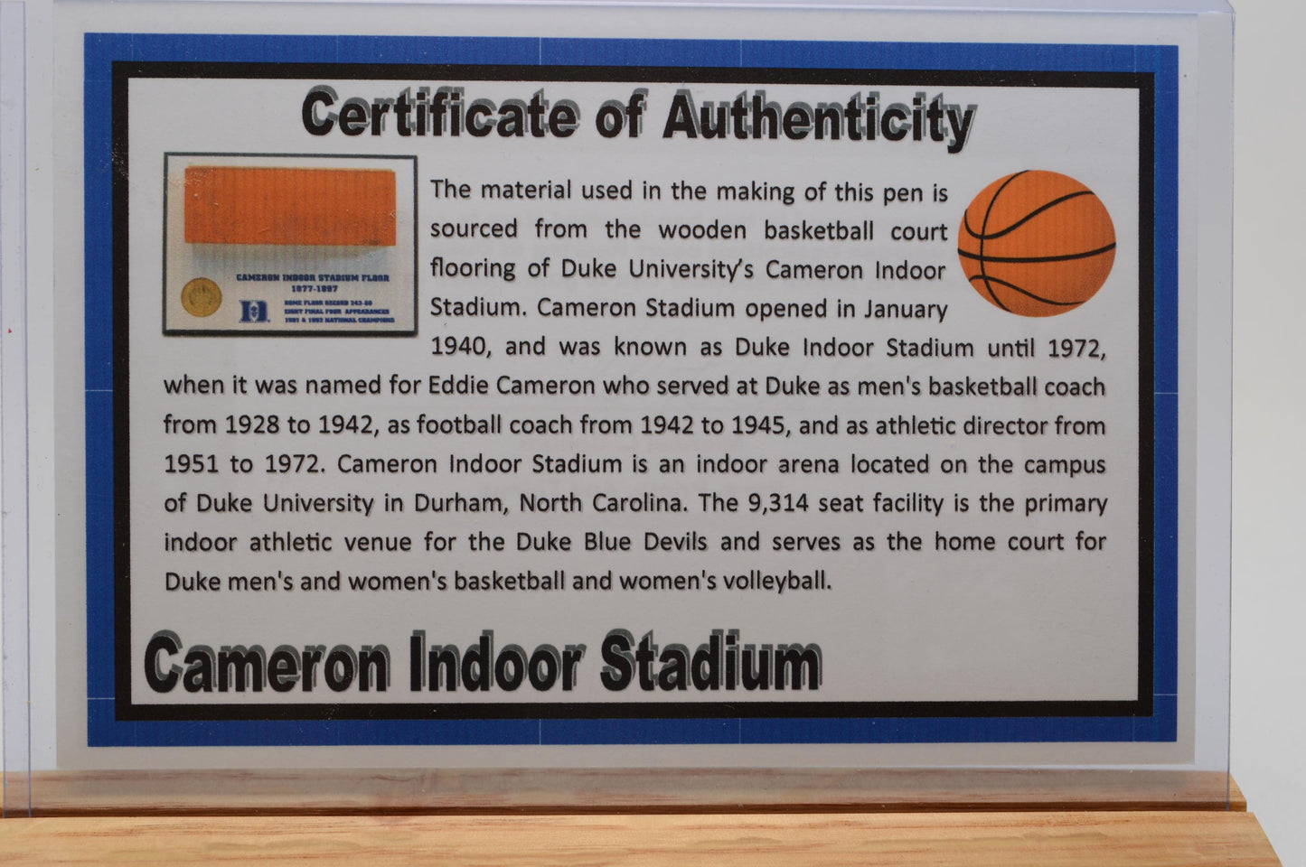 Handcrafted Pen Made From Duke University Cameron Indoor Stadium Basketball Court Wood