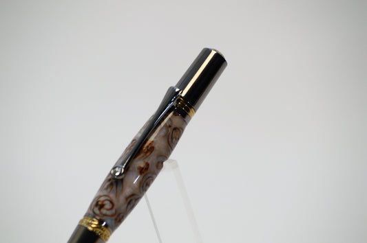 Majestic Squire Twist Pen in Gold Titanium and Black Titanium with Swarovski Crystal with Handcrafted Acrylic and Mini Pine Cone Body.