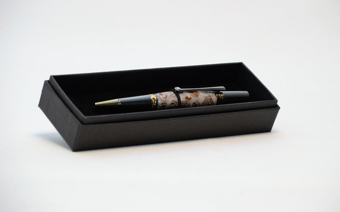 Majestic Squire Twist Pen in Gold Titanium and Black Titanium with Swarovski Crystal with Handcrafted Acrylic and Mini Pine Cone Body.