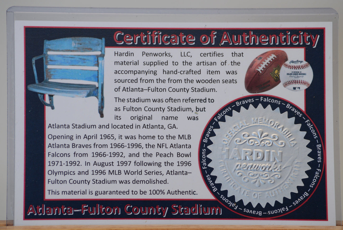 Handcrafted Pen Made From the Fulton County Stadium Seats, Home of Atlanta Falcons and Atlanta Braves