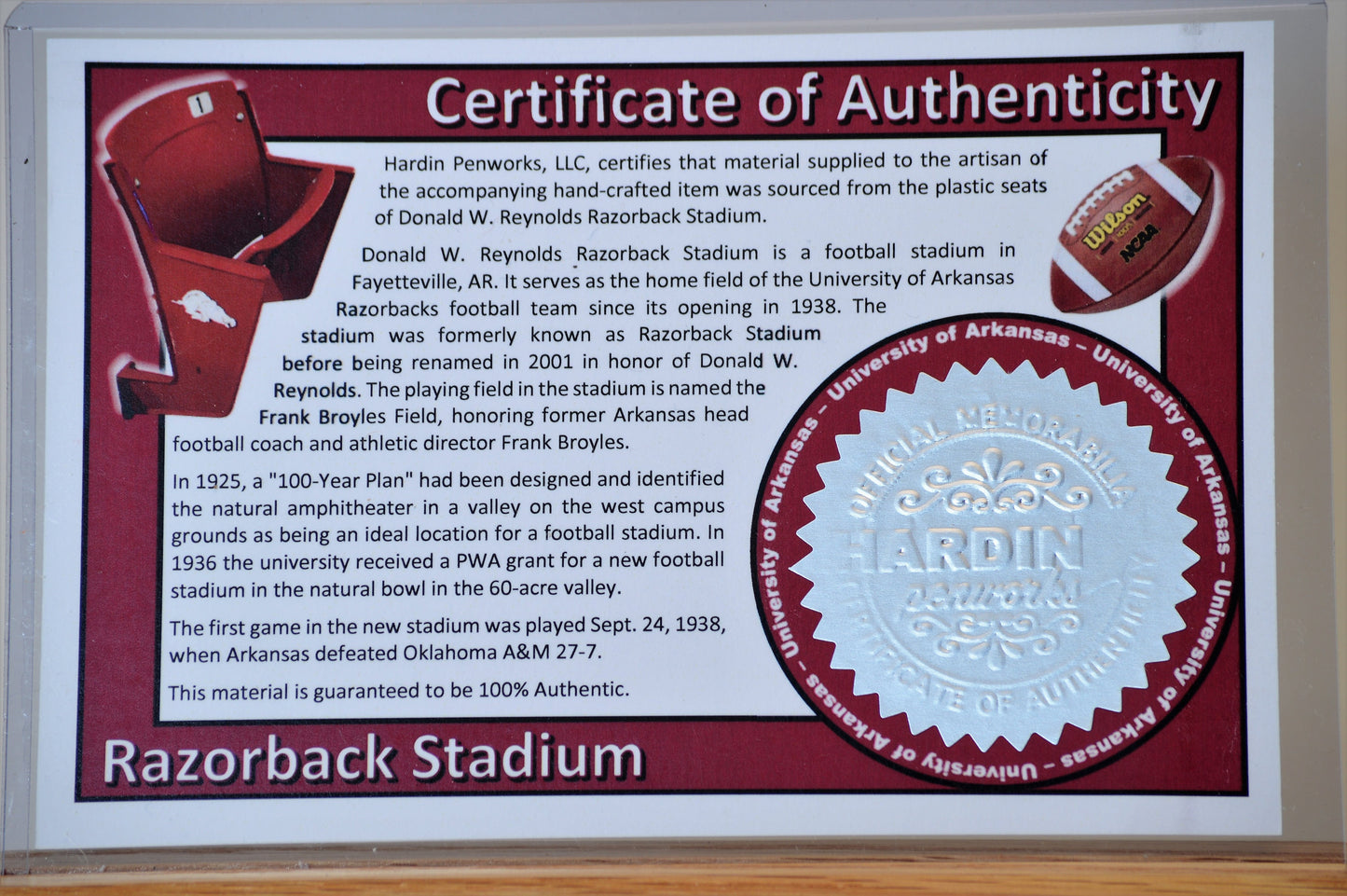 Handcrafted Pen Made From University of Arkansas Razorback Stadium Plastic Stadium Seats