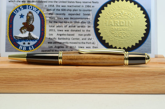 USS Iowa Gold and Gunmetal Twist Pen Made of Wood From the USS Iowa Battleship
