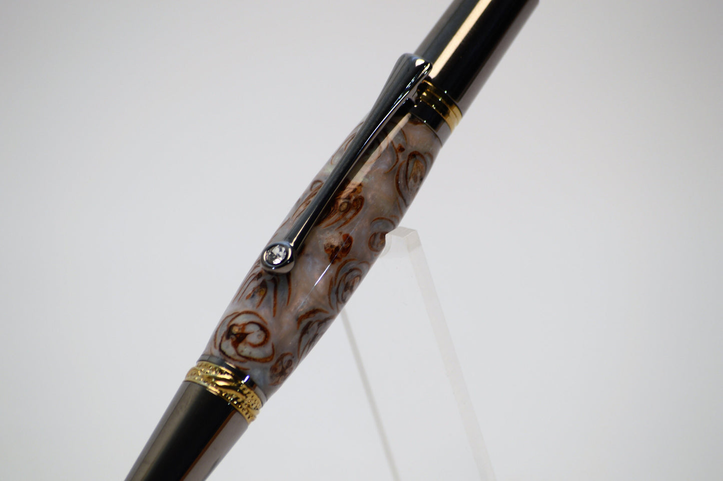 Majestic Squire Twist Pen in Gold Titanium and Black Titanium with Swarovski Crystal with Handcrafted Acrylic and Mini Pine Cone Body.