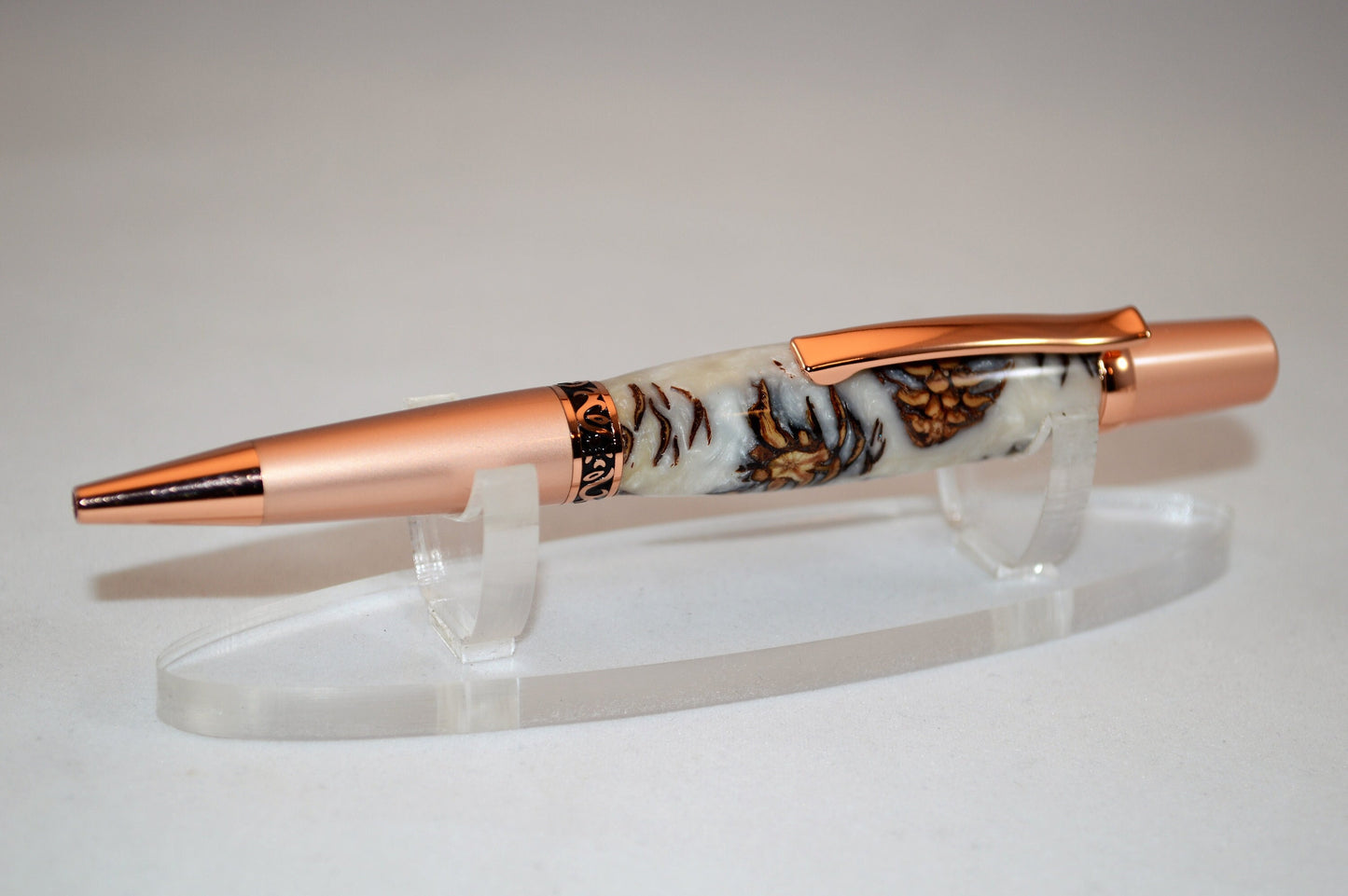 Unique Classic Twist Pen in Two Tone Copper with Handcrafted Acrylic and Mini Pine Cone Body.