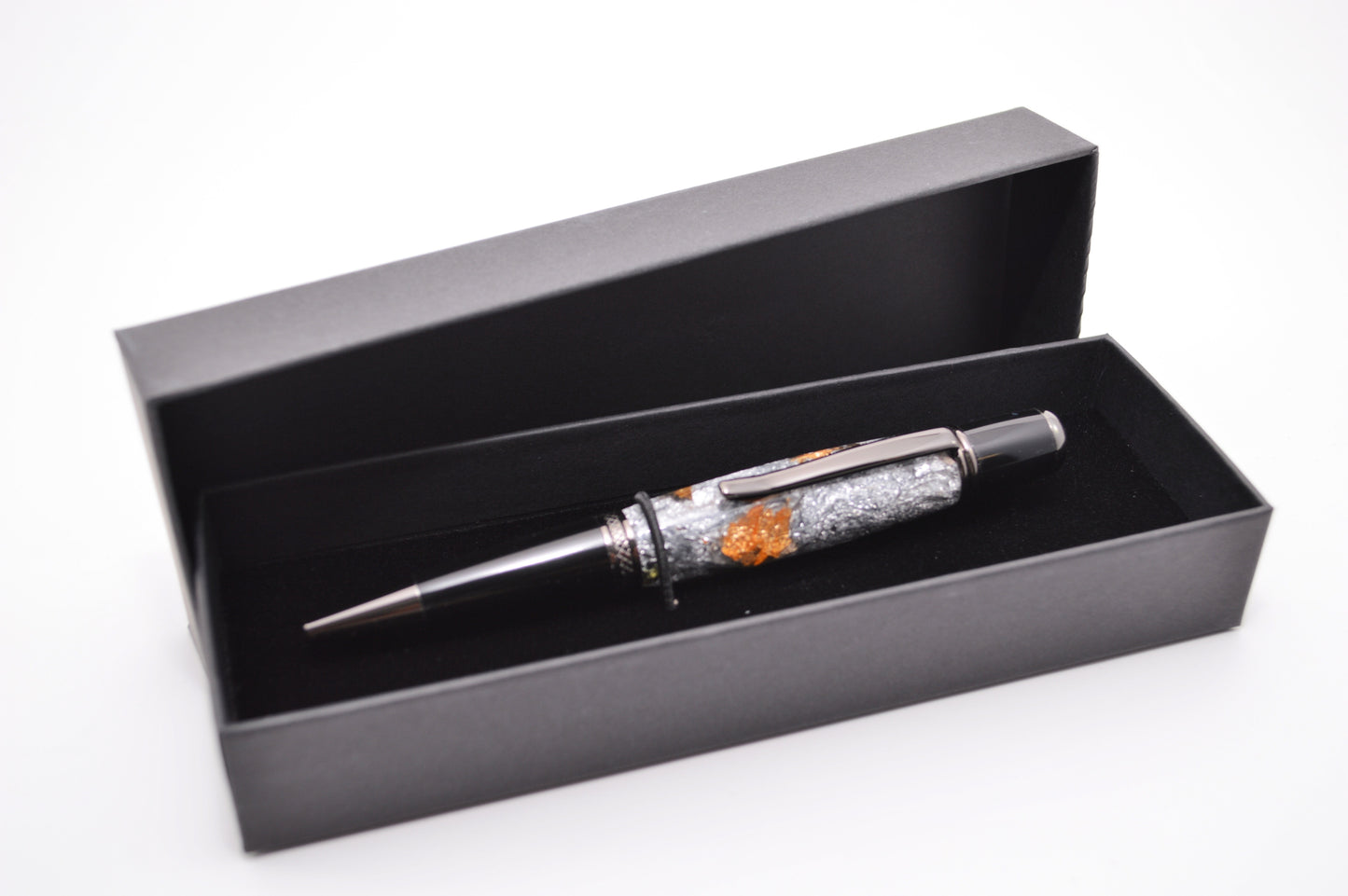 Elegant Satin Chrome and Chrome Twist Pen with Silver & Black Gilding Cast in Clear Acrylic