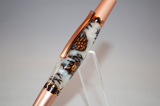 Unique Classic Twist Pen in Two Tone Copper with Handcrafted Acrylic and Mini Pine Cone Body.
