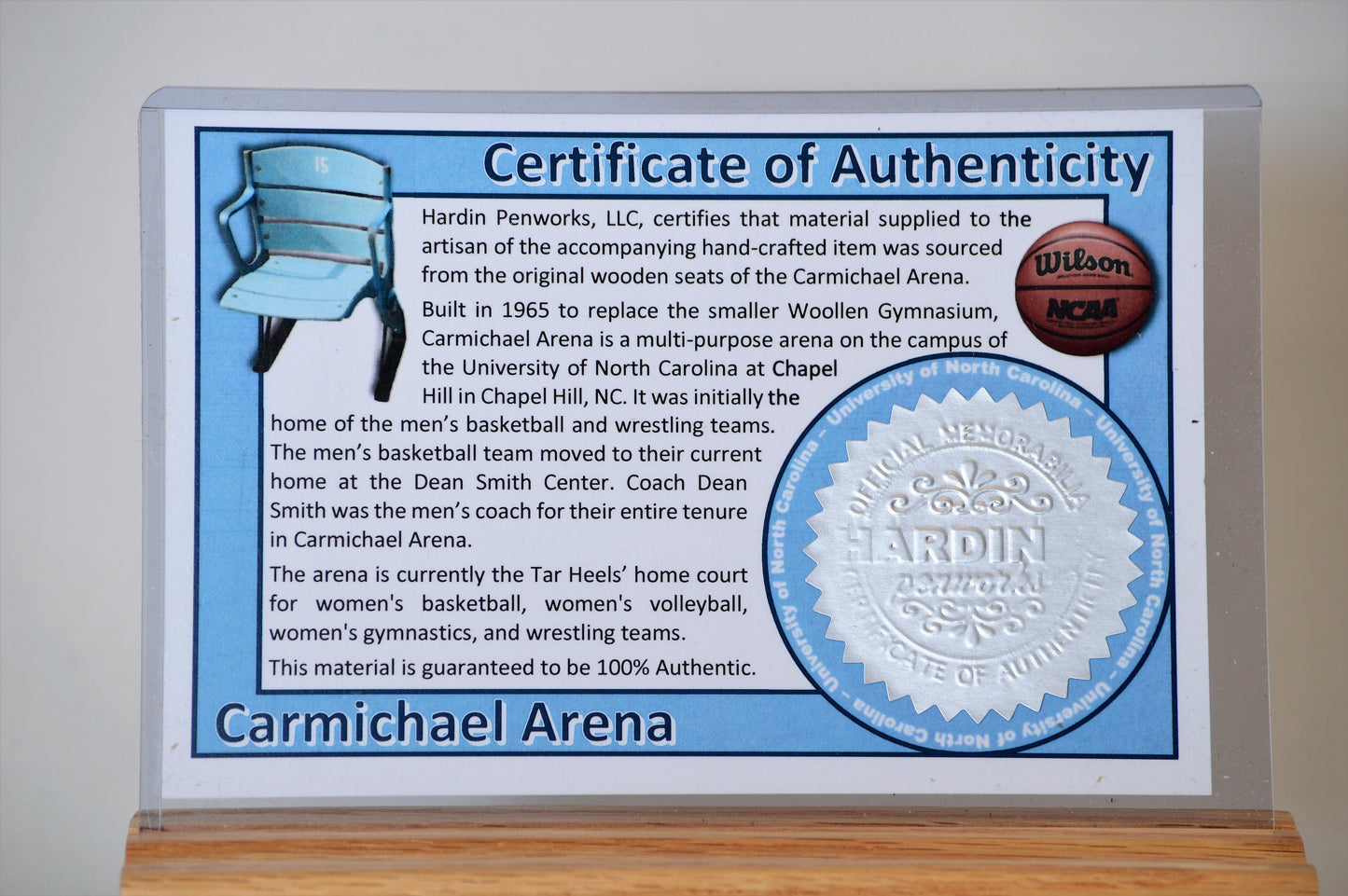 Handcrafted Pen Made From University of North Carolina Carmichael Arena Wooden Seats