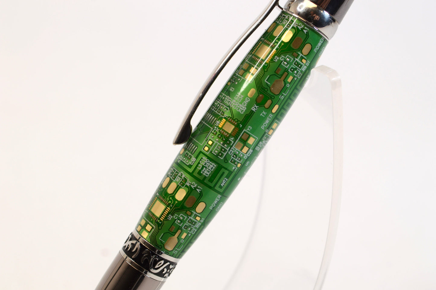 Unique Circuit Board Acrylic Twist Pen - Black Titanium and Platinum Finish, Elegant Design