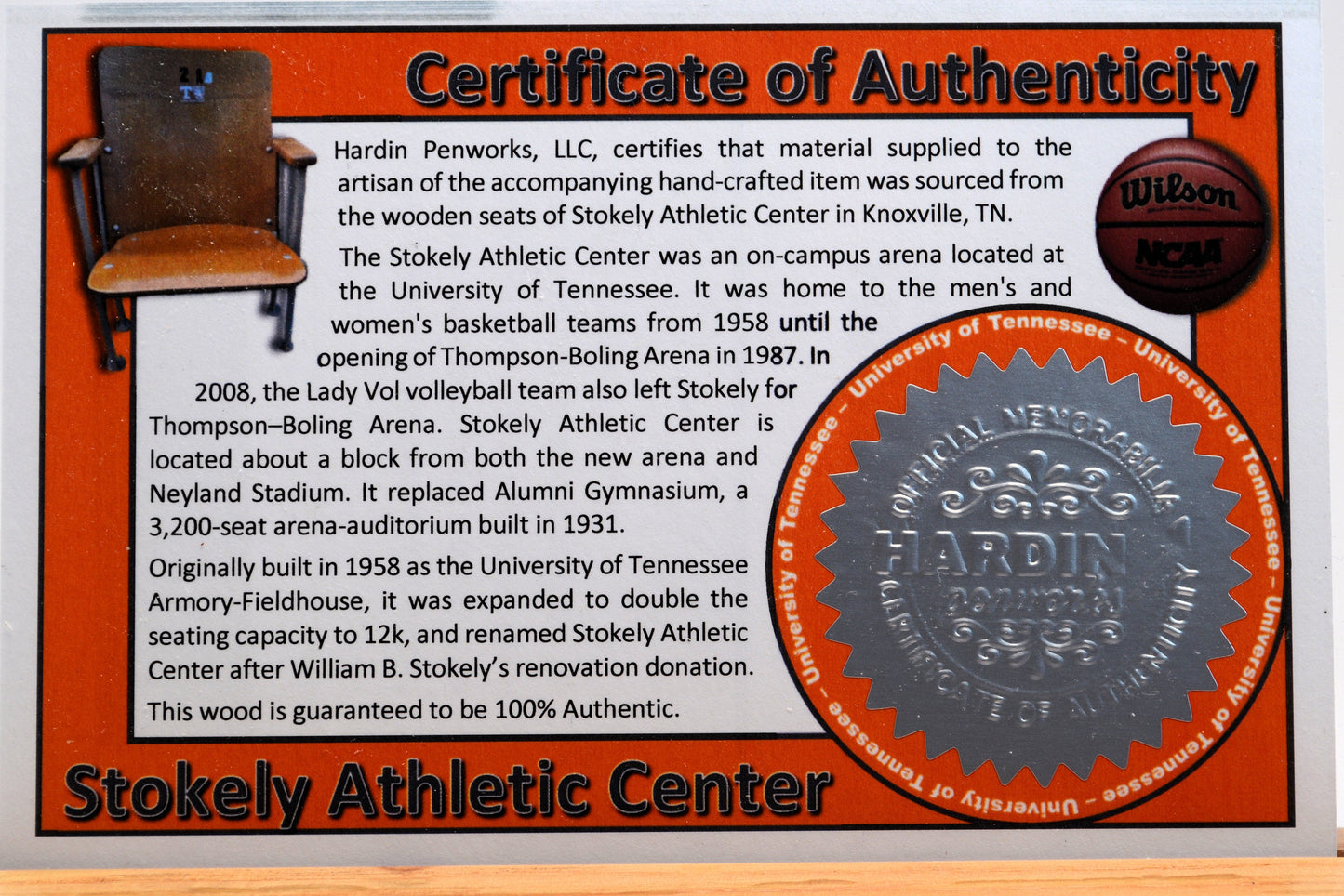Handcrafted Pen Made From University of Tennessee Stokley Athletic Center Wooden Stadium Seats