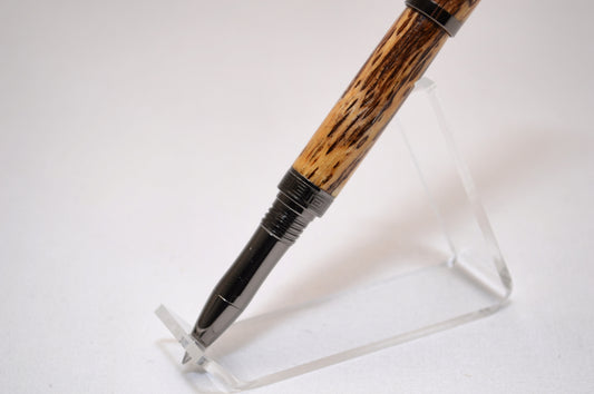 Elegant Handcrafted Spalted Oak Rollerball Pen in Gunmetal Finish and Wooden Display Case