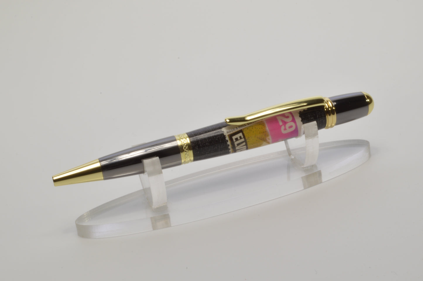 Handcrafted Pen Featuring a 1992 Elvis Stamp and a Small Swatch From an Elvis Worn Shirt Embedded in Acrylic