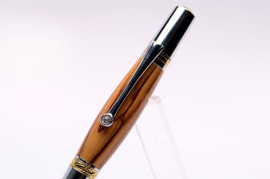 Handcrafted Bethlehem Olivewood Majestic Squire Twist Pen in Gold Titanium and Chrome Finish with Swarovski Crystal.