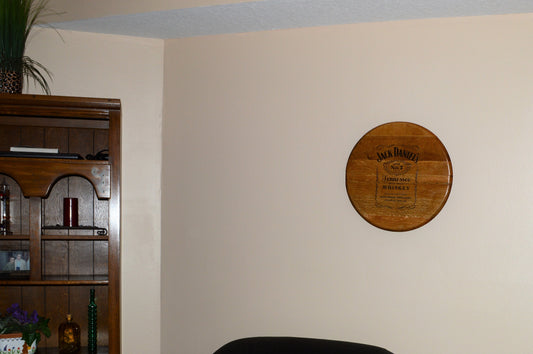 Laser Engraved Whiskey Barrel Head Wall Hanging From A Used Jack Daniels Oak Whiskey Barrel