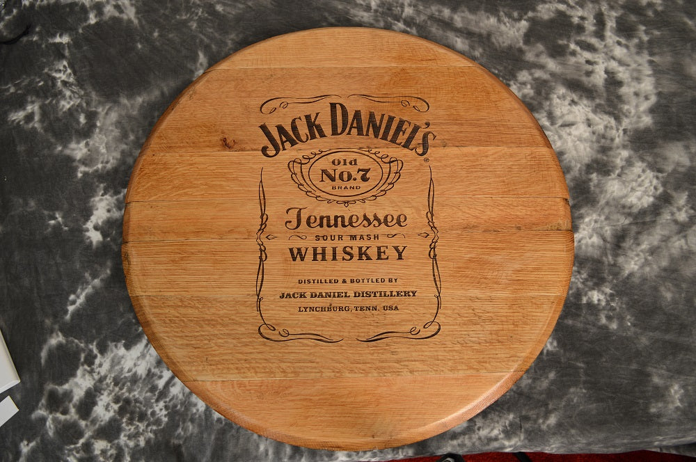 Laser Engraved Whiskey Barrel Head Wall Hanging From A Used Jack Daniels Oak Whiskey Barrel